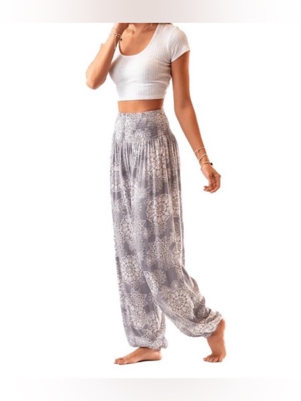 Lotus and Luna Harem Boho Hippie Pants Light Blue Floral Pattern Joggers S/M